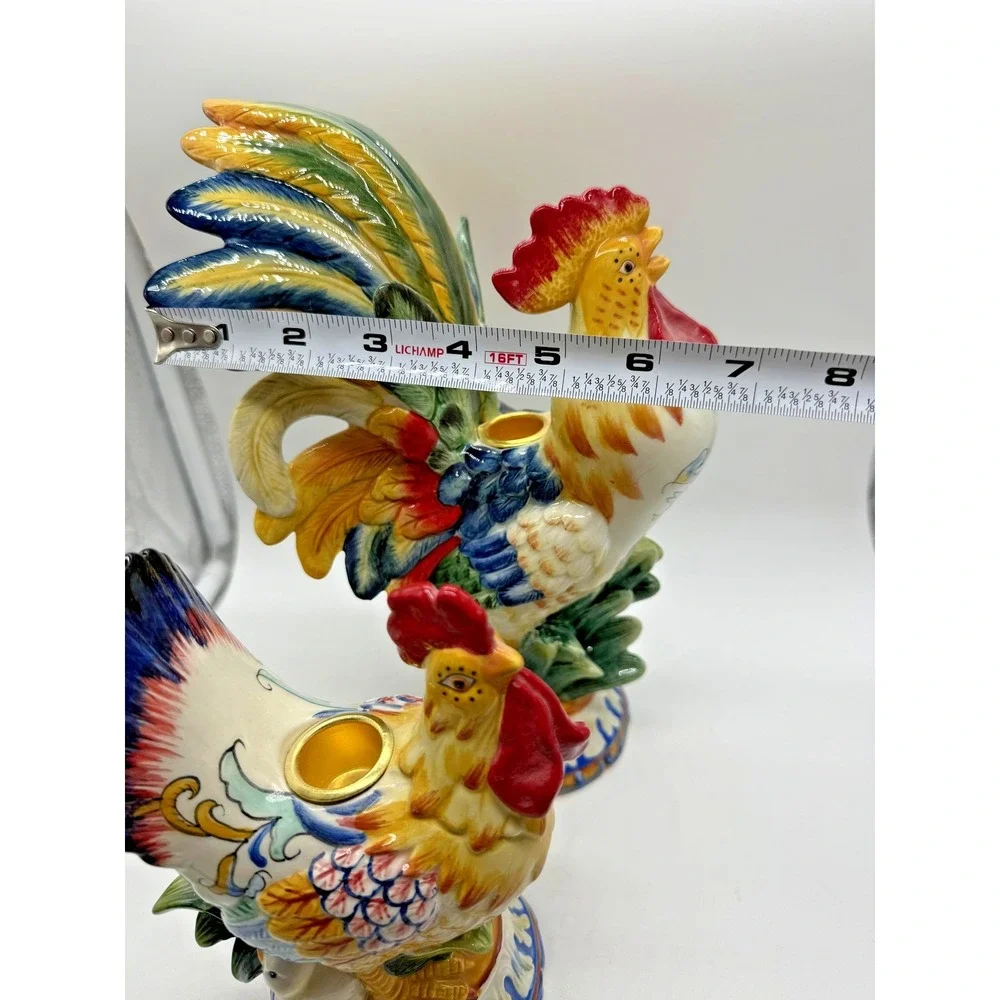 Fitz And Floyd Candle Holders Multicolor Rooster Hen Ricamo 2-Piece Hand Painted